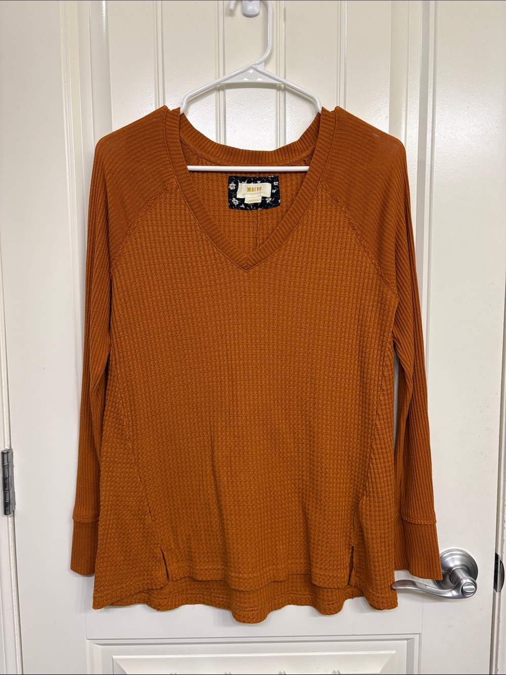 Maeve Waffle-Knit V-Neck Top in Rust